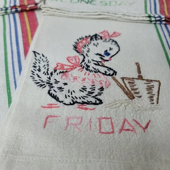 6 Days Of The Week Vtg Cat Kitchen Tea Dish Towels Hand Embroidered Needlepoint